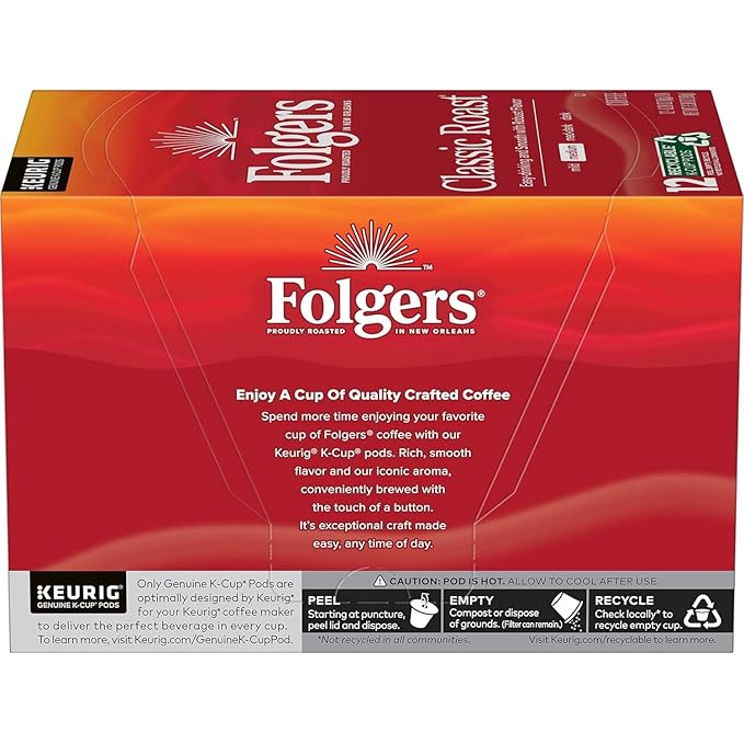 Folgers Classic Roast, Medium Roast Coffee, Keurig K-Cup Pods, 12 Count Boxes (Pack of 6)
