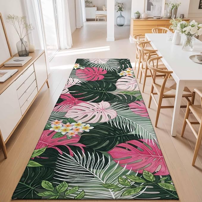 Runner Rug for Bedroom Hallway, Summer Watercolor Pink Green Leaf Kitchen Runner Rugs Area Rug 2x6ft, Tropical Flower Leaves Plant Washable Soft Floor Carpet for Entryway Stair