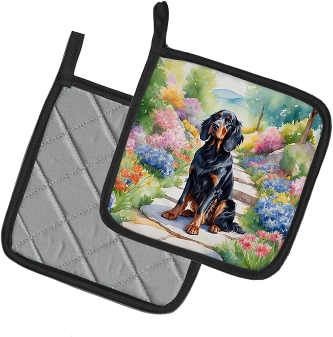 Caroline's Treasures Gordon Setter Spring Path Pair of Pot Holders Kitchen Heat Resistant Pot Holders Sets Oven Hot Pads for Cooking Baking BBQ, 7 1/2 x 7 1/2