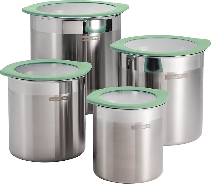Tramontina 4-Piece Food Storage Containers with Silicone Lids, Stainless Steel Reusable Canister Set, Kitchen Pantry Organizer for Oats, Flour, Cereal, Sugar, Snacks (Mint Green)