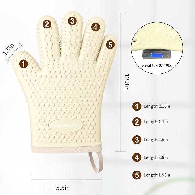 MAD SHARK Silicone Oven Mitts Heat Resistant 450°F,Waterproof & Non-Slip Oven Gloves with Fingers,Cotton Lined Silicone Oven Gloves Kitchen Mitts for Baking Cooking Barbecue,Women,Oven (White)