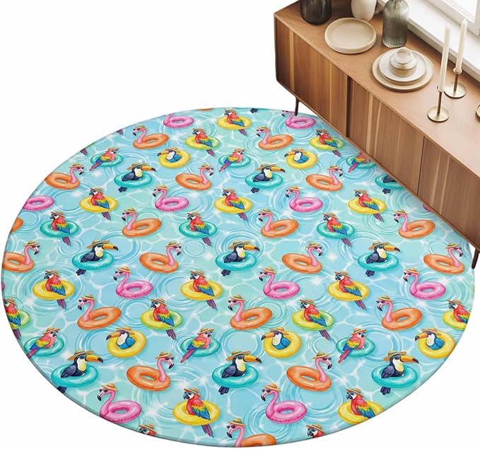 Washable Round Area Rug Summer Pool Float Swim Rings Circle Rugs Floor Carpet for Living Room Bedroom, Tropical Flamingo Birds Soft Non Slip Round Rug 5ft