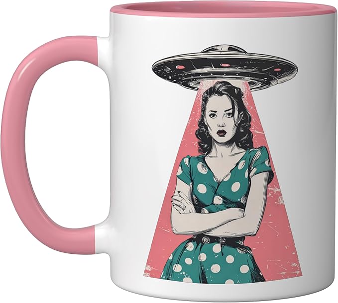 Retro 1950s UFO Abduction Woman Sci Fi Alien Ceramic Mug, Pink/White