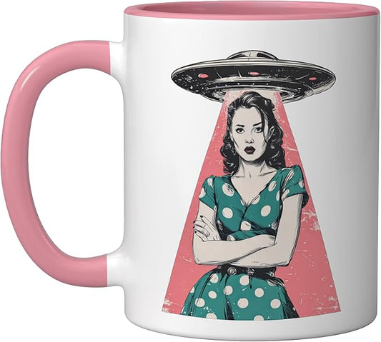 Retro 1950s UFO Abduction Woman Sci Fi Alien Ceramic Mug, Pink/White