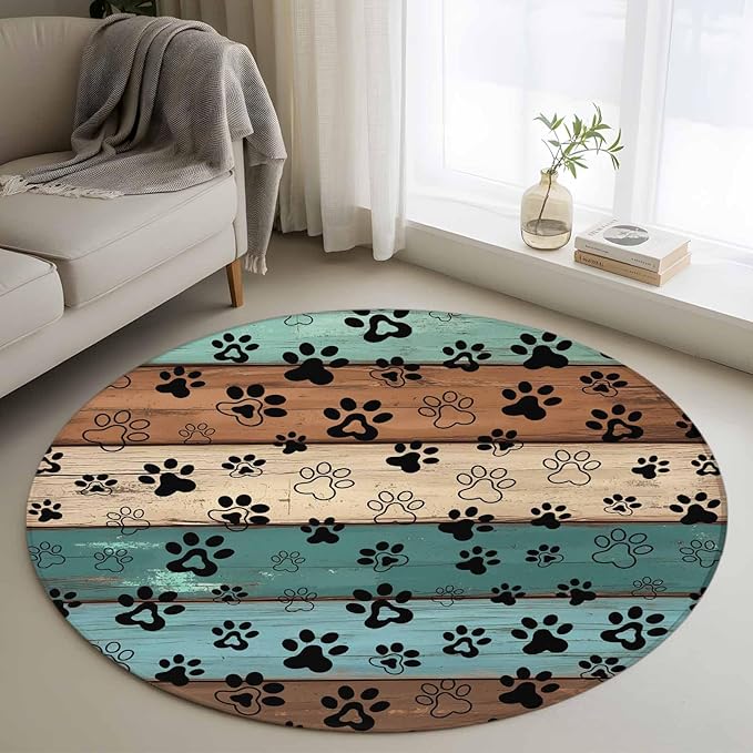 Washable Round Area Rug Farm Brown Wood Board Circle Rugs Floor Carpet for Living Room Bedroom, Dog Paw Print Animal Footprint Soft Non Slip Round Rug 4ft