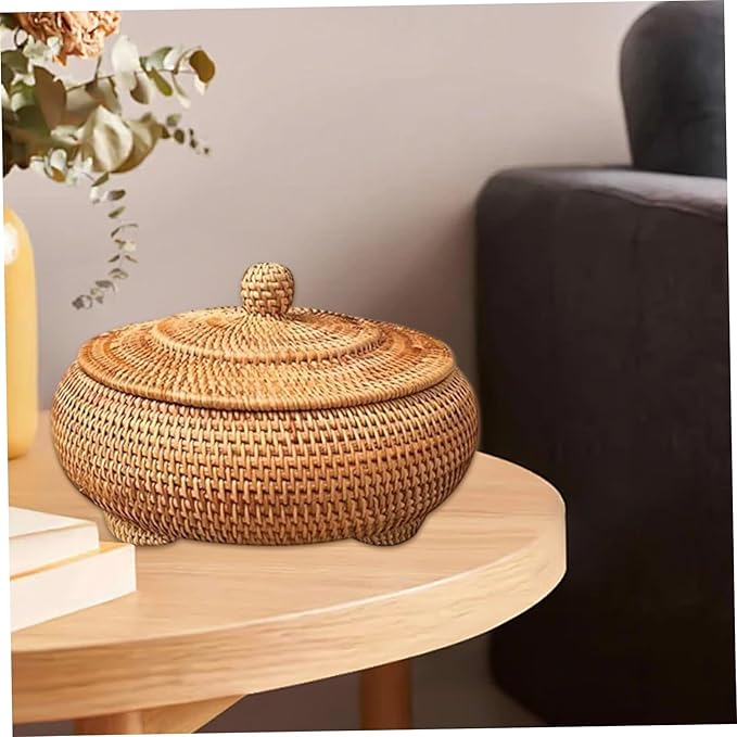 Wicker Storage Basket With Lid,Round Rattan Box with Lid, 8.7x4 Inch Rattan Basket, Hand-Woven Round Woven Basket, Desktop Decorative Box for Home Farmhouse Kitchen