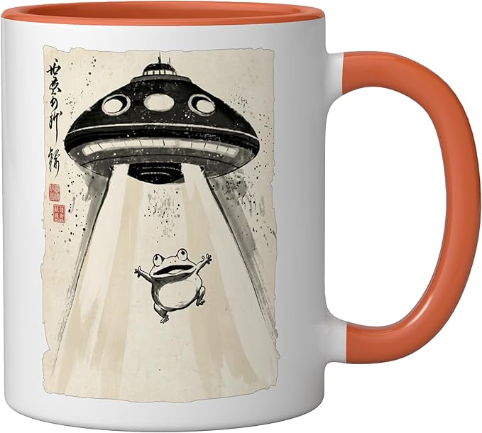 Ukiyo-e Style UFO Abducting Cute Frog Ink Art Painting Ceramic Mug, Orange/White