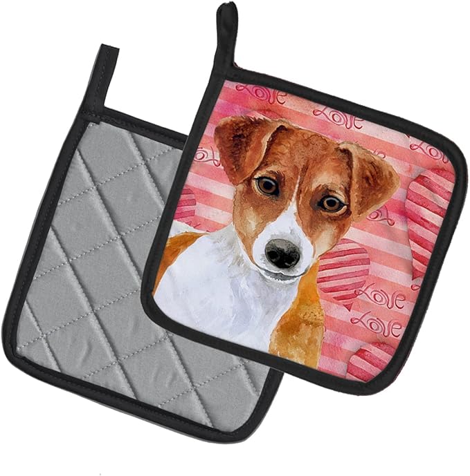 Caroline's Treasures BB9776PTHD Jack Russell Terrier Love Pair of Pot Holders, Red Kitchen Heat Resistant Pot Holders Sets Oven Hot Pads for Cooking Baking BBQ, 7 1/2 x 7 1/2