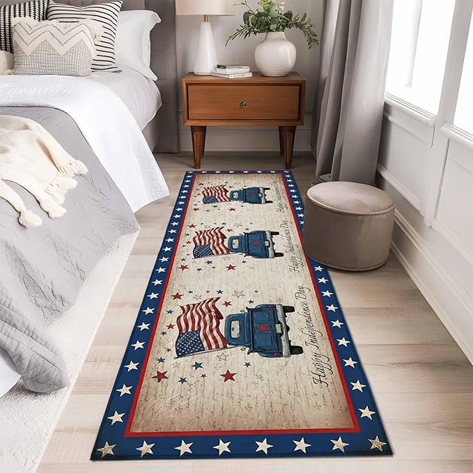 Runner Rug for Bedroom Hallway, Happy Independence Day USA Flag Kitchen Runner Rugs Area Rug 2x6ft, Retro Blue Truck Washable Soft Floor Carpet for Entryway Stair