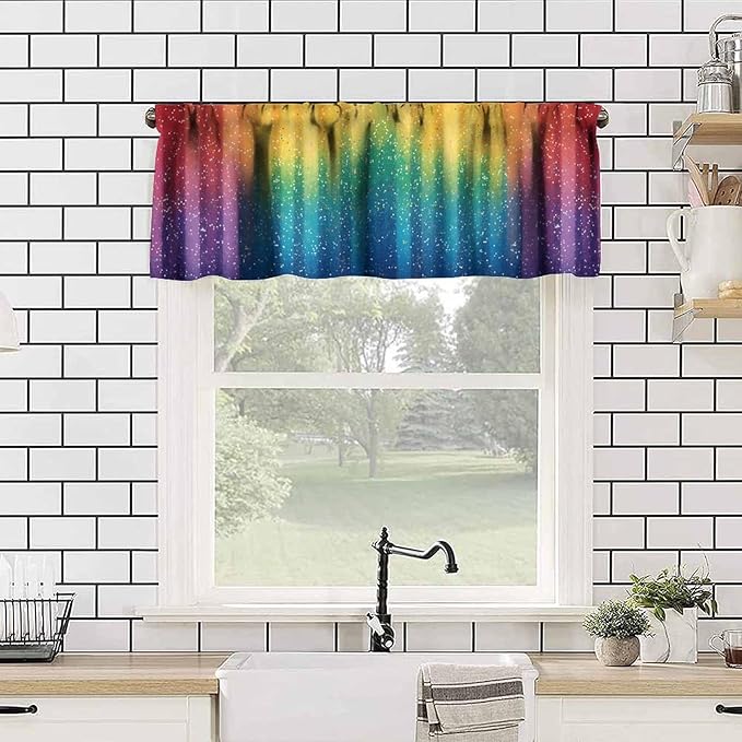 Rainbow Glitter Valance, Kids Colorful Magical Sparkle Art Short Rod Pocket Window Drapes for Kitchen Dining Room Bedroom Home Decor, 54x18Inch