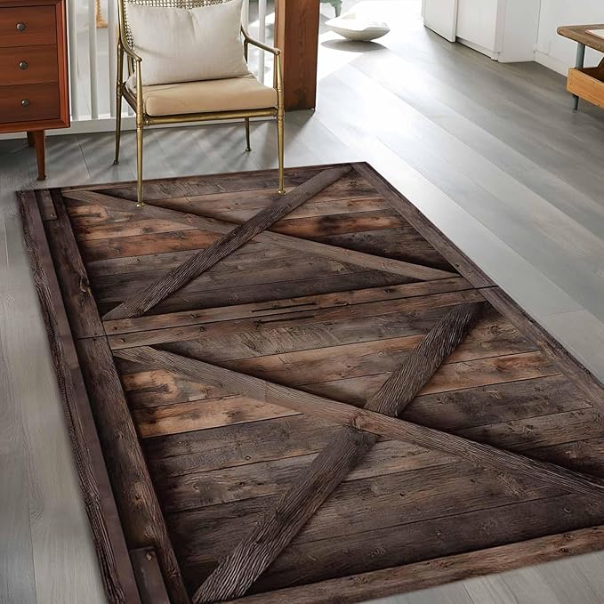 Area Rug 3x5ft, Vintage Farmhouse Barn Washable Rugs for Living Room Bedroom, Country Wooden Plank Soft Non-Slip Area Rugs Rectangle Floor Carpet for Dining Room