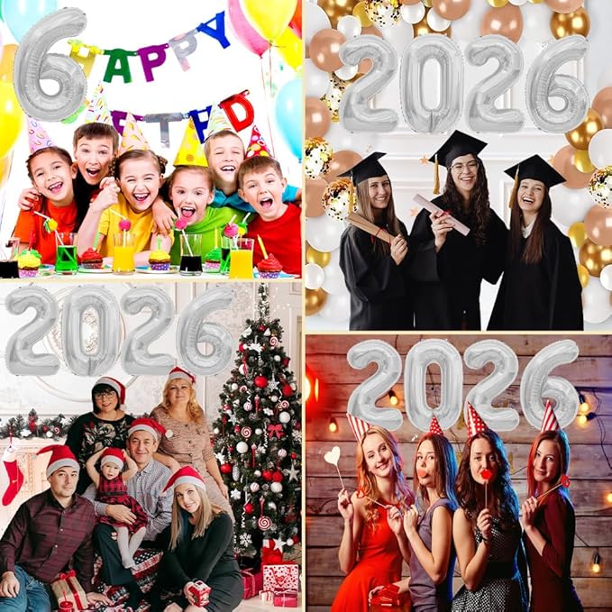 2026 Balloons, 2026 Number Balloons, 2026 Silver Balloon, Foil Happy New Year Balloon for New Year Eve Party Supplies 2026 Graduation Decorations Anniversary Birthday Home Office Decorations, 16 Inch