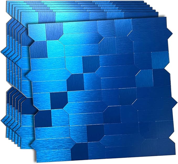 XUANINY 7-Sheet Peel and Stick Metal Backsplash Tiles, Self Adhesive Multiple-Shapes Aluminum Mosaic 3D Wall Sticker for Kitchen Bathroom Decor (7, Brushed Blue)