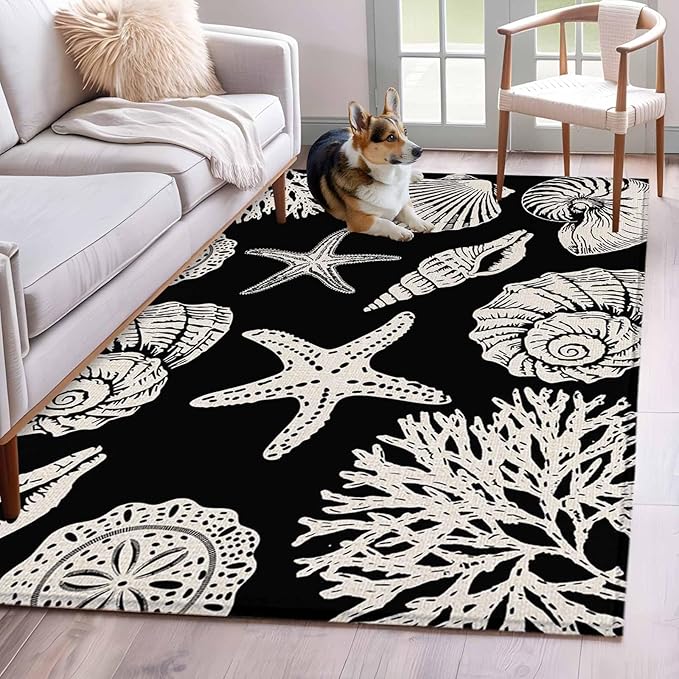 Area Rug 3x5ft, Marine Starfish Shell Conch Washable Rugs for Living Room Bedroom, Ocean Life on Black Soft Non-Slip Area Rugs Rectangle Floor Carpet for Dining Room