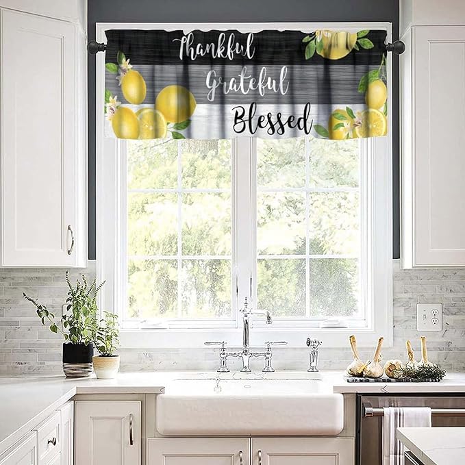 Lemon Fruit Kitchen Curtain Valance, Yellow Fruits Blessed Black Grey Wooden Farmhouse Rod Pocket Short Window Treatment for Dining Bedroom Living Room Cafe Home Decor, 54x18Inch