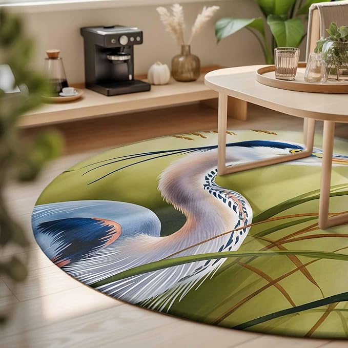 Washable Round Area Rug Natural Bird Wetland Landscape Circle Rugs Floor Carpet for Living Room Bedroom, Wild Heron Grass Soft Non Slip Round Rug 3ft