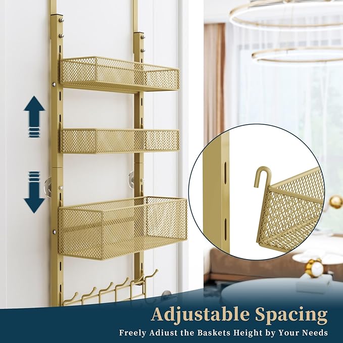 Consumest Over The Door Hooks Organizer - 4 Tier Door Coat Rack with 3 Baskets and 12 Hooks, Stainless Steel Towel Hanger for Bedroom, Bathroom, Living Room, Gold