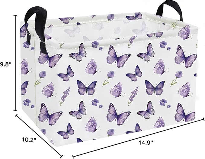 Essme Rectangular Kids Baskets,Butterfly Storage Box,Cute Basket for Kids with Handles for Room Decor, Book Bins.(Purple butterfly)