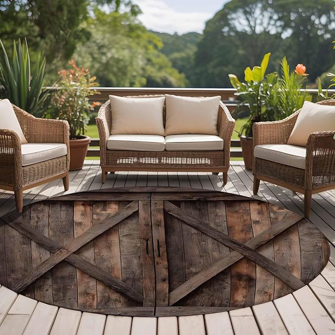 Washable Round Area Rug Vintage Farmhouse Barn Circle Rugs Floor Carpet for Living Room Bedroom, Country Wooden Plank Soft Non Slip Round Rug 5ft