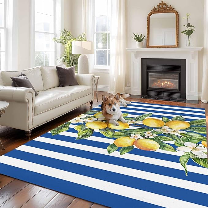 Area Rug 6x9ft, Summer Lemon Green Leaves Watercolor Washable Rugs for Living Room Bedroom, Blue Stripe Soft Non-Slip Area Rugs Rectangle Floor Carpet for Dining Room