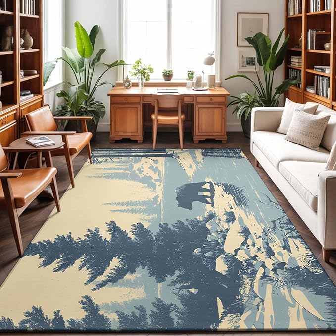 Area Rug 4x6ft, Winter Bear Evergreen Trees Washable Rugs for Living Room Bedroom, Rustic Snow River Soft Non-Slip Area Rugs Rectangle Floor Carpet for Dining Room