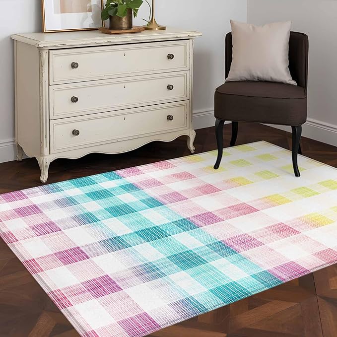 Area Rug 4x6ft, Easter Red Yellow Blue Stripes Washable Rugs for Living Room Bedroom, Abstract Buffalo Plaid Soft Non-Slip Area Rugs Rectangle Floor Carpet for Dining Room