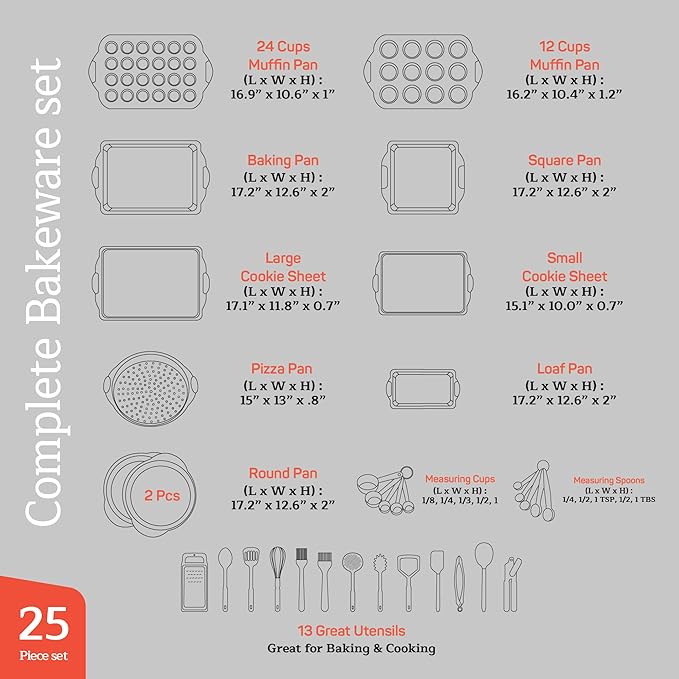 Emporio Kitchen Baking Pan Set - Nonstick Coating, Carbon Steel Bakeware Set with Gray Silicone Handles, PFOA, PFOS, PTFE Free, Recipe Booklet Included, Oven Safe Tray (Up To 450° F), Set of 25 - Gray