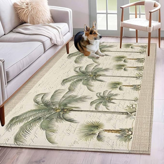 Area Rug 3x5ft, Coastal Tropical Olive Green Palm Trees Washable Rugs for Living Room Bedroom, Classic Retro Linen Soft Non-Slip Area Rugs Rectangle Floor Carpet for Dining Room