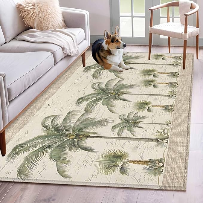 Area Rug 4x6ft, Coastal Tropical Olive Green Palm Trees Washable Rugs for Living Room Bedroom, Classic Retro Linen Soft Non-Slip Area Rugs Rectangle Floor Carpet for Dining Room