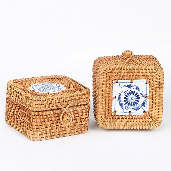 Rattan Box with Lid: Blue-and-White Porcelain Decorative Rattan Storage Box, Hand-Woven Wicker Storage Basket with Lid, for Sundries Tea Case Picnic Food Containers (Square 1, 4.33in*4.33in* 2.76in)
