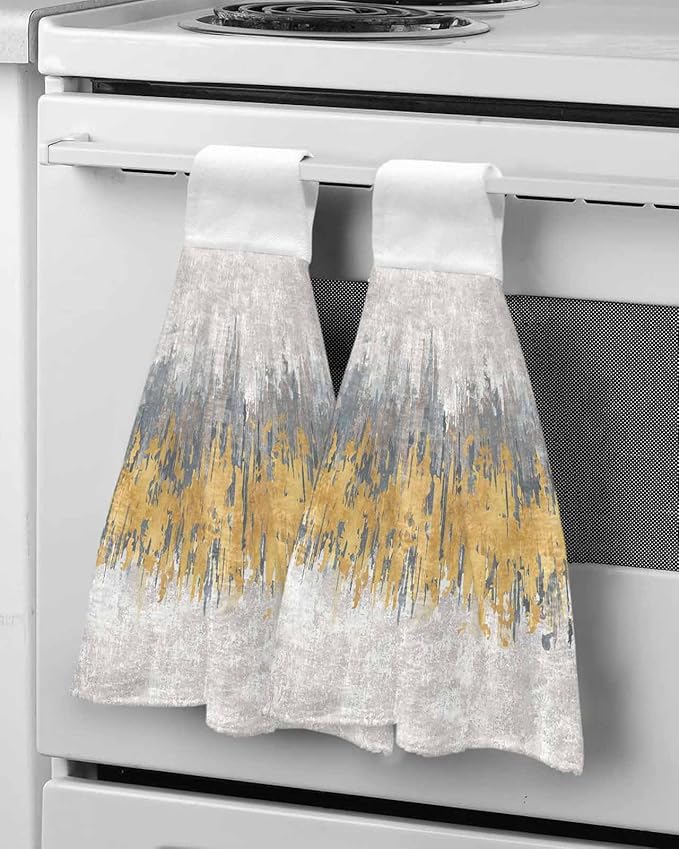 Alandar Home Kitchen Tie Towel Set of 1, Abstract Yellow Grey Graffiti Absorbent Soft Hand Towels for Bathroom Hanging Towels, Modern Minimalist Art Fast Drying Cleaning Cloth with Loop