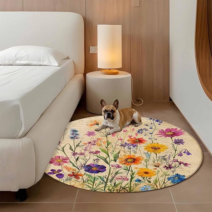 Washable Round Area Rug Farmhouse Colorful Small Flower Circle Rugs Floor Carpet for Living Room Bedroom, Retro Backdrop Seamless Soft Non Slip Round Rug 5ft