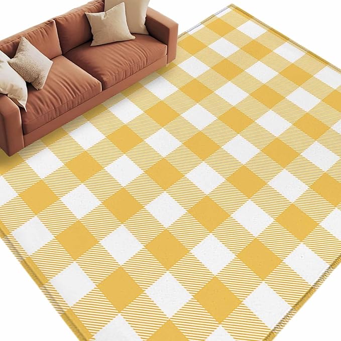 Area Rug 6x9ft, Rustic Country Yellow and White Buffalo Lattice Checked Washable Rugs for Living Room Bedroom, Farm Style Soft Non-Slip Area Rugs Rectangle Floor Carpet for Dining Room