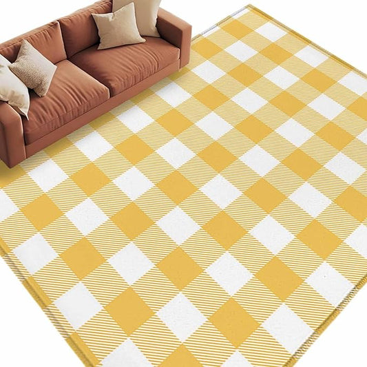 Area Rug 6x9ft, Rustic Country Yellow and White Buffalo Lattice Checked Washable Rugs for Living Room Bedroom, Farm Style Soft Non-Slip Area Rugs Rectangle Floor Carpet for Dining Room