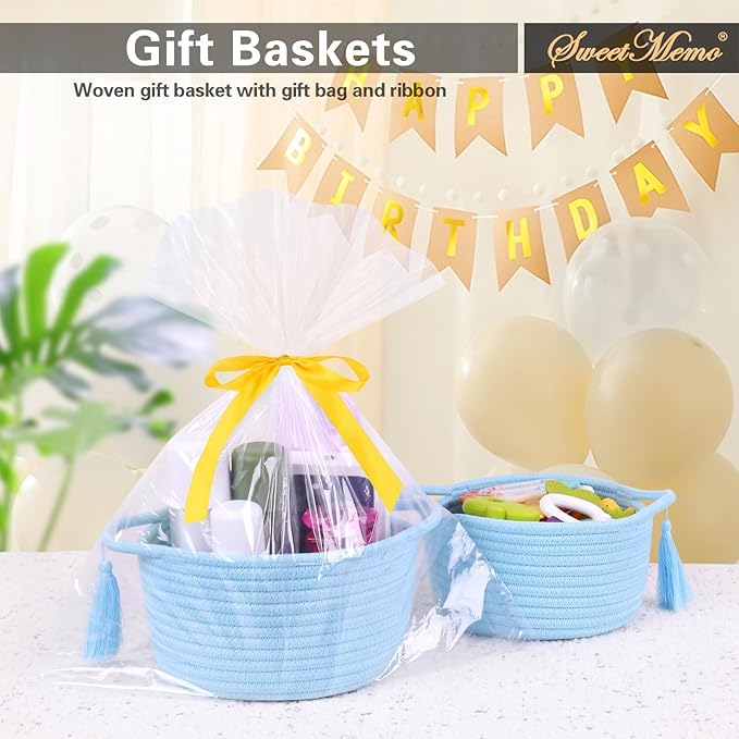 Small Gift Basket Empty – SweetMemo Small Woven Rope Baskets for Teen Girl Gifting, Baby Shower, Desk, Makeup, Bathroom, Vanity– Little Decorative Bin with Gift Bag & Ribbon – Light Blue