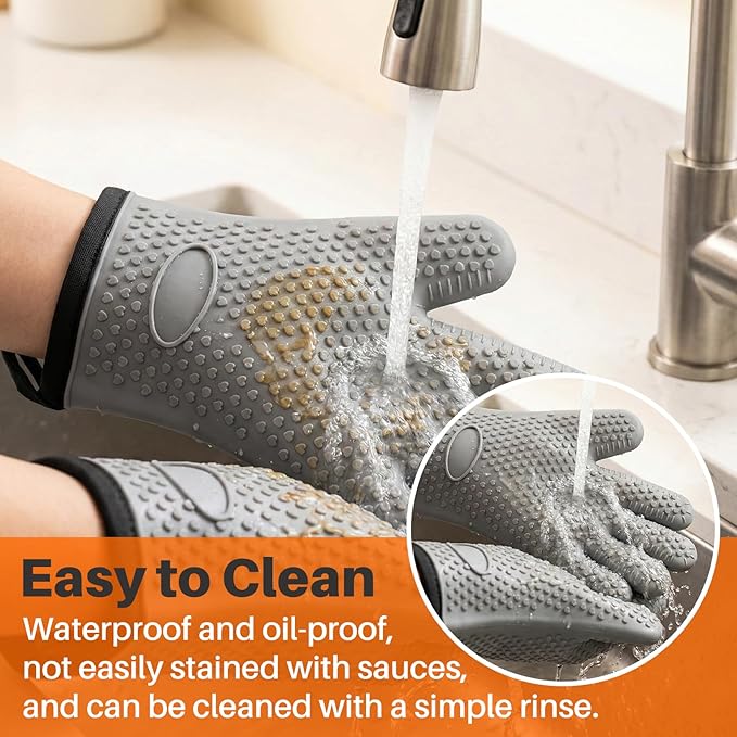 2Pack Silicone Oven Gloves with Fingers - Heat Resistant, Flexible Non-Slip Oven Mitts for Hot Pans, Easy to Clean Waterproof Kitchen Mittens for Baking(Grey)