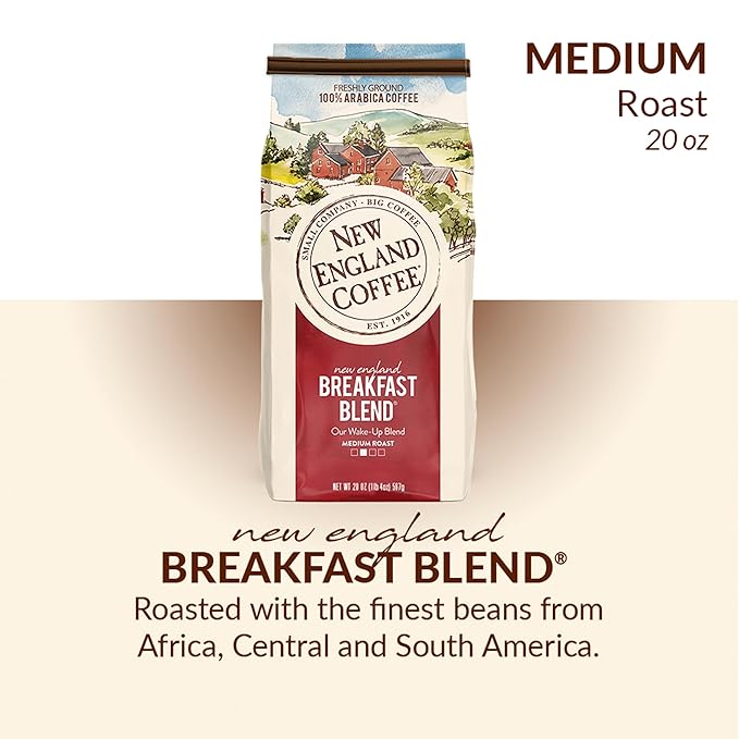New England Coffee Breakfast Blend Medium Roast Ground Coffee, 20oz Bag (Pack of 1)