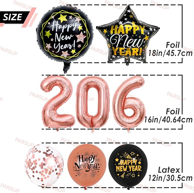 New Years Eve Party Decorations 2026, Rose Gold Happy New Year Decorations, Happy New Year Banner, 16inch 2026, 18inch Star & Round Foil Balloons, Latex Confetti Balloons