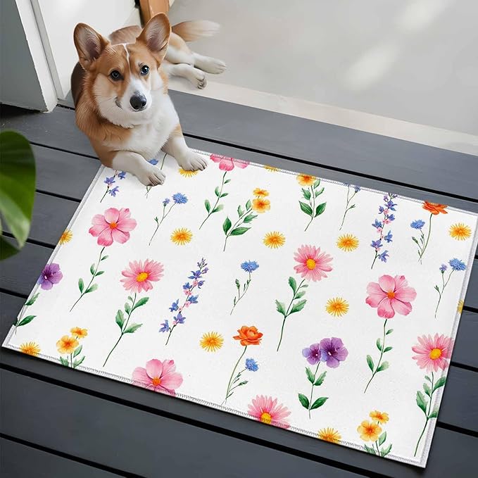 Area Rug 2x3ft, Watercolor Farmhouse Flower Washable Rugs for Living Room Bedroom, Yellow Pink Purple Blue Floral Soft Non-Slip Area Rugs Rectangle Floor Carpet for Dining Room