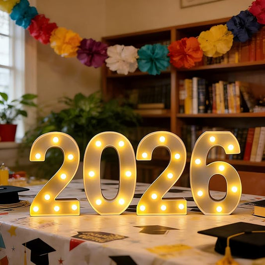 LED Marquee Number 2026 Sign - Light Up 2026 Numbers for New Year Eve Party Decorations, Christmas, Graduation & Festive Gatherings | Battery Powered, Freestanding Photo Backdrop (White)