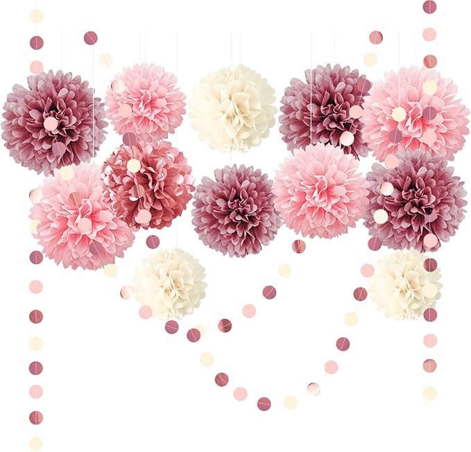 NICROLANDEE 15PCS Dusty Rose Blush Pink Tissue Pom Poms Flowers for Wedding, Bridal Shower, Sweet Birthday, Baby Shower, Engagement, Bachelorettes, Valentine Pink Party Decorations Paper Garland