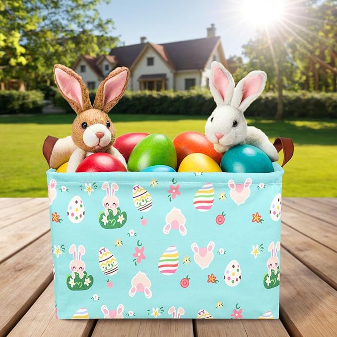 Large Rectangular Cute Kid Easter Basket Empty Bunny Eggs Easter Basket Gift Spring Room Storage Organizer Décor (Rabbit Easter Egg With Blue Background)