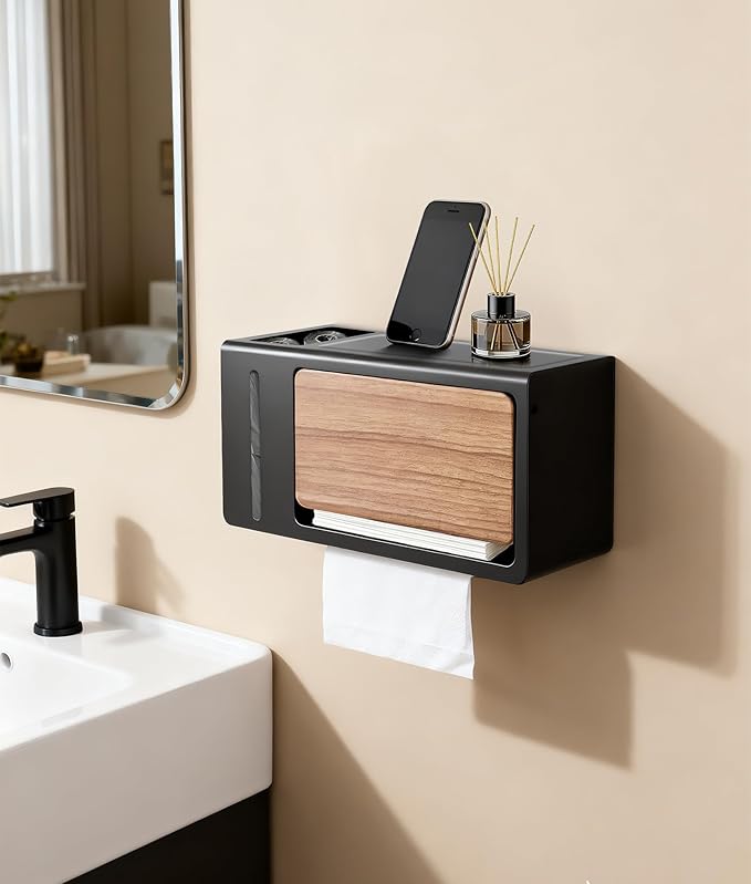 DPB Paper Towel Dispenser Wall Mount, No Drilling Required, Bathroom Paper Towel Holder with Lid, for Home and Commercial, Bathroom Kitchen (Black)