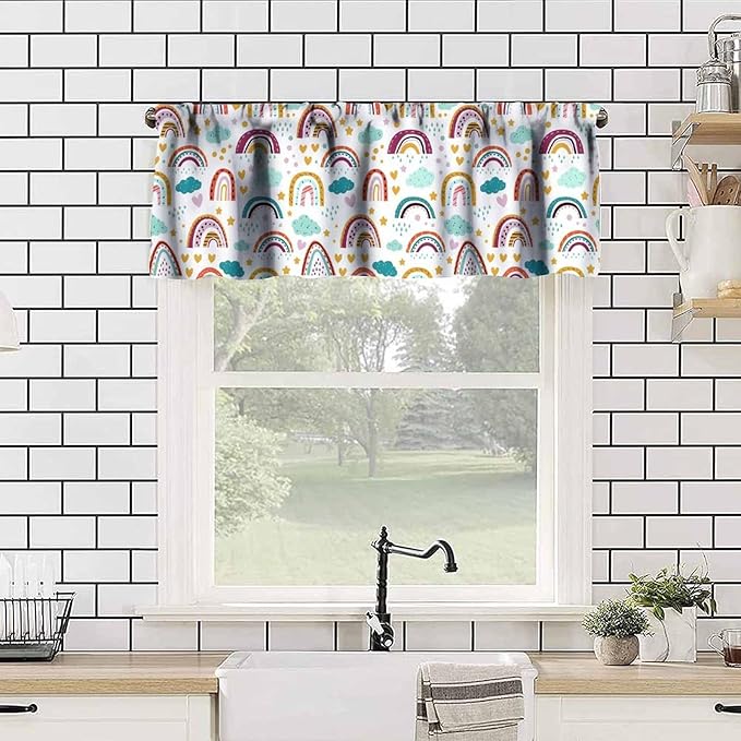 Boho Rainbow Valance, Cartoon Clouds Stars Love Hearts Rod Pocket Window Treatment for Kids Boys Girls Bedroom Living Room Kitchen Home Decor, 54x18Inch