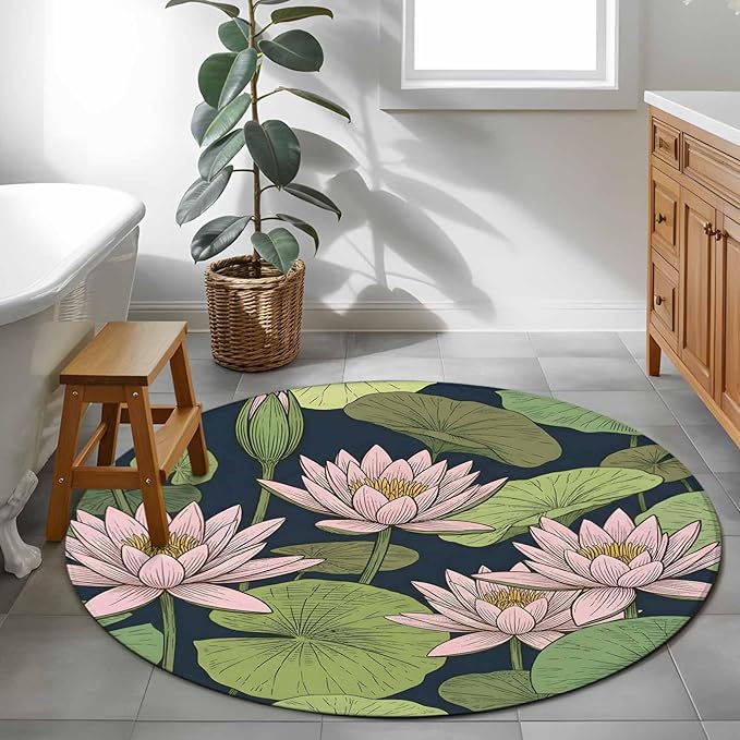 Washable Round Area Rug Pink Lotus Water Lily Dark Green Leaves Circle Rugs Floor Carpet for Living Room Bedroom, Oriental Style Soft Non Slip Round Rug 3ft