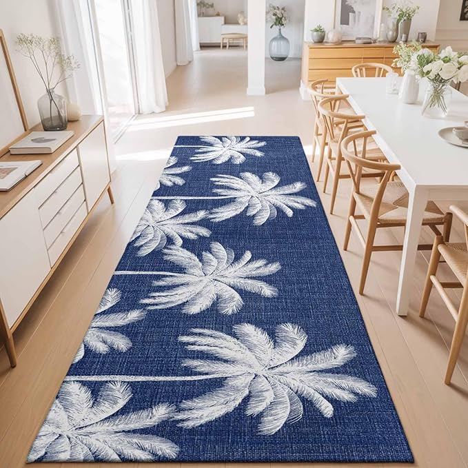 Runner Rug for Bedroom Hallway, Coastal Palm Trees on Blue Kitchen Runner Rugs Area Rug 2x6ft, Minimalist Tropical Leaves Washable Soft Floor Carpet for Entryway Stair