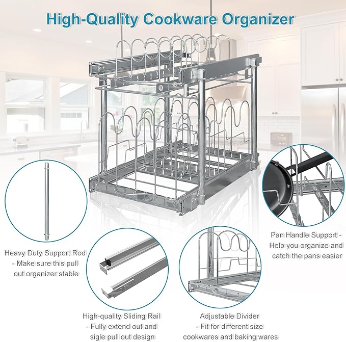 TQVAI Pots and Pans Organizer, Full-Extension Pull Out Cabinet Organizer, Slide Out Drawers for Kitchen Cabinets with Adjustable Dividers, Request at Least 15.5" W x 23.5" D x 23.5" H Opening - Chrome