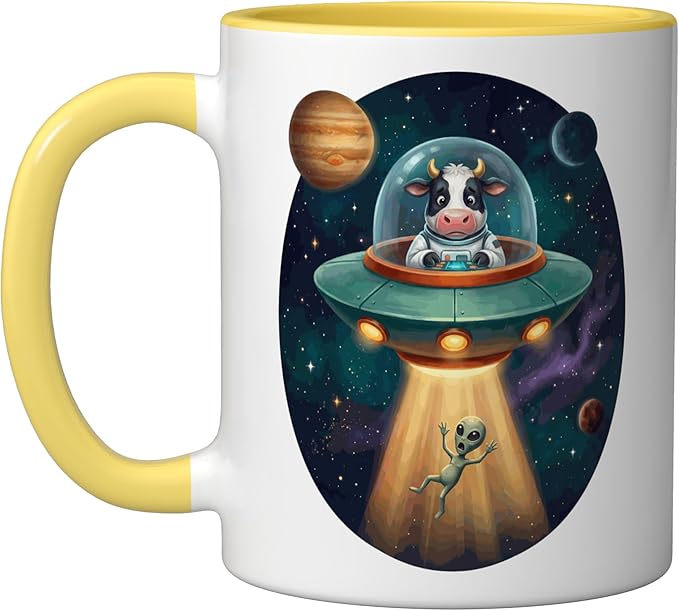 Fuuny Cow Astronaut UFO Abducting Alien Space Farm Ceramic Mug, Yellow/White