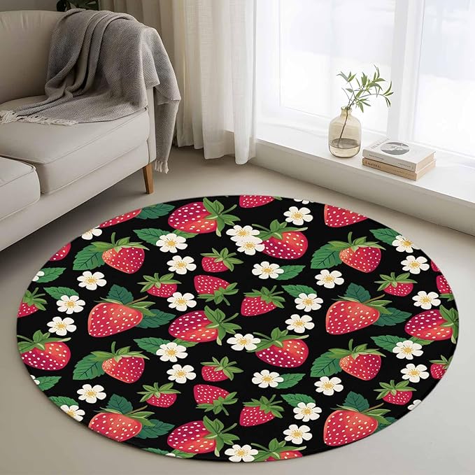 Washable Round Area Rug Red Strawberry Litter Flower Leaves on Black Circle Rugs Floor Carpet for Living Room Bedroom, Summer Fruit Soft Non Slip Round Rug 3ft