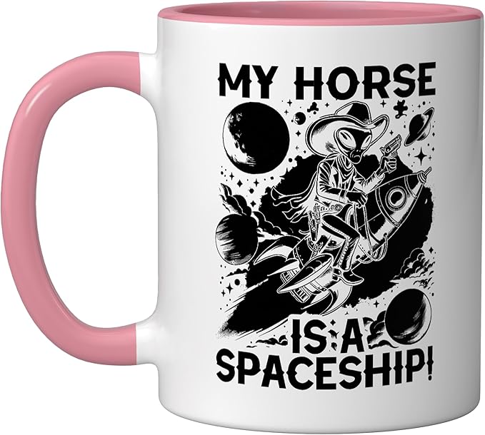 Alien Lover Flying Saucer UFO Extraterrestrial Cowboy Ceramic Mug, Pink/White
